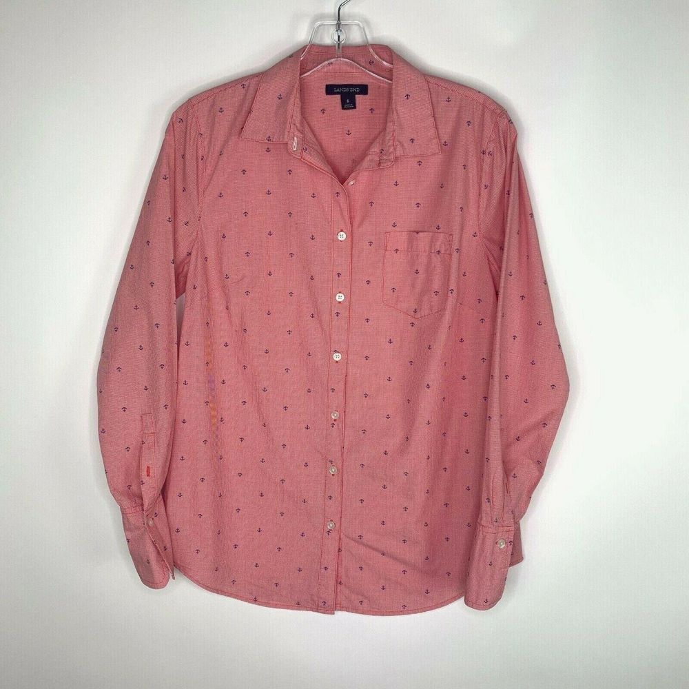 Lands' End Women Blouse Size 6 Long Sleeve Top Button Down Anchors‎ Pocket